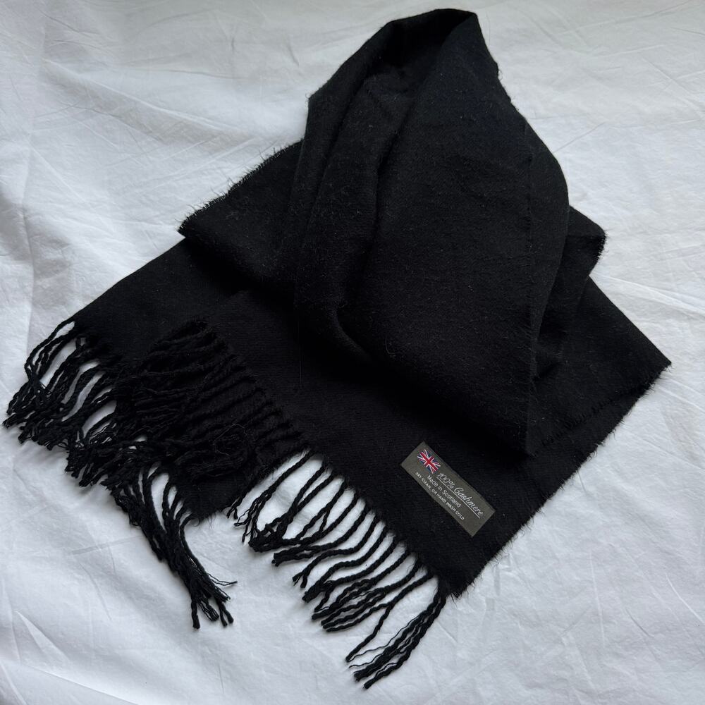 Vintage Black Cashmere Scarf 100% Cashmere Made in Scotland Fringed